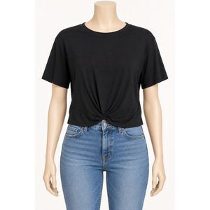 Women’s M Black Twist Front Crop Top Short Sleeve Crew Neck Stretch Knit